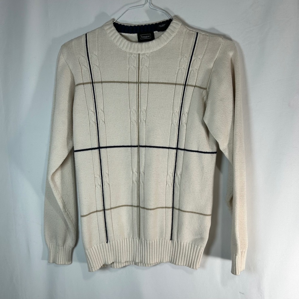 Haggar Mens Cream Cable Knit Plaid Crewneck Sweater M‎ Medium